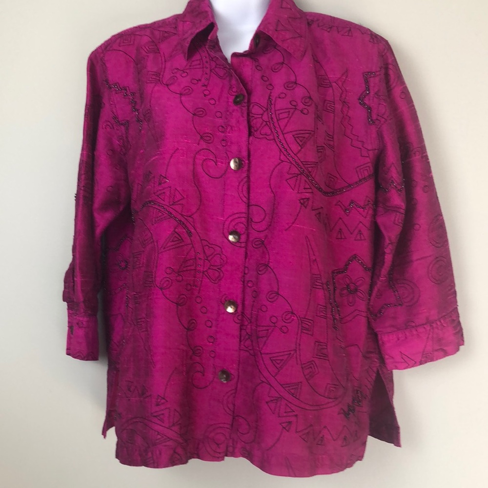 Womens 100% Silk Tunic Blouse 3/4 sleeve magenta